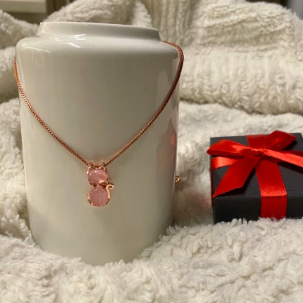 Gold-Plated Crystal Pendant Necklace - Pink Cat Design, with gift box